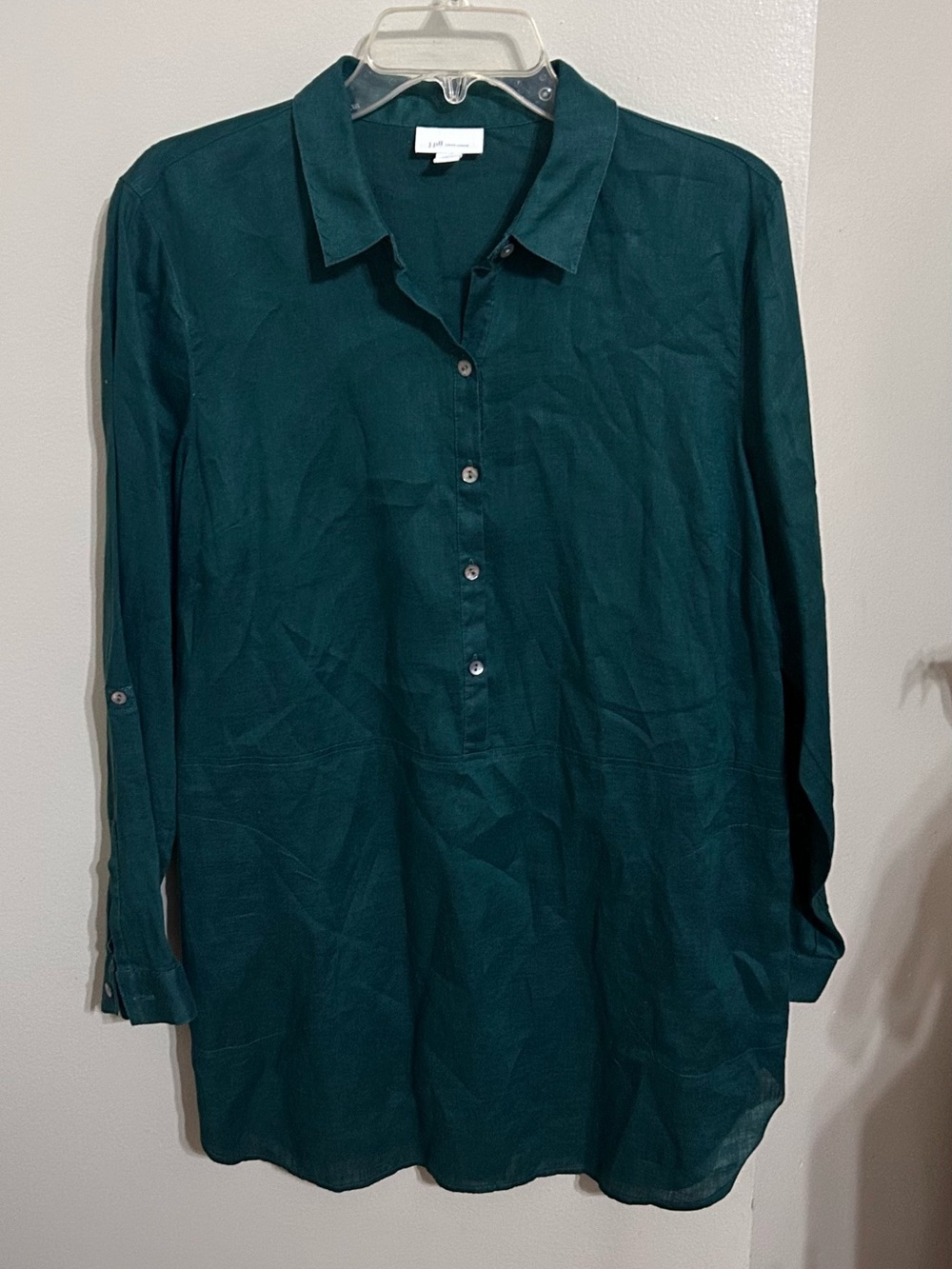 J.JILL Love Linen Popover Tunic Top Medium Green 100% Linen Pockets Roll Tab